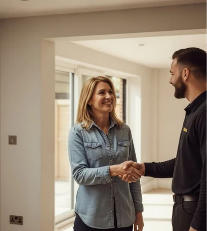 Client meeting with a professional construction company in London after completing a building project.