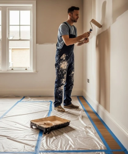 Builders London carrying out professional interior painting and decorating work.