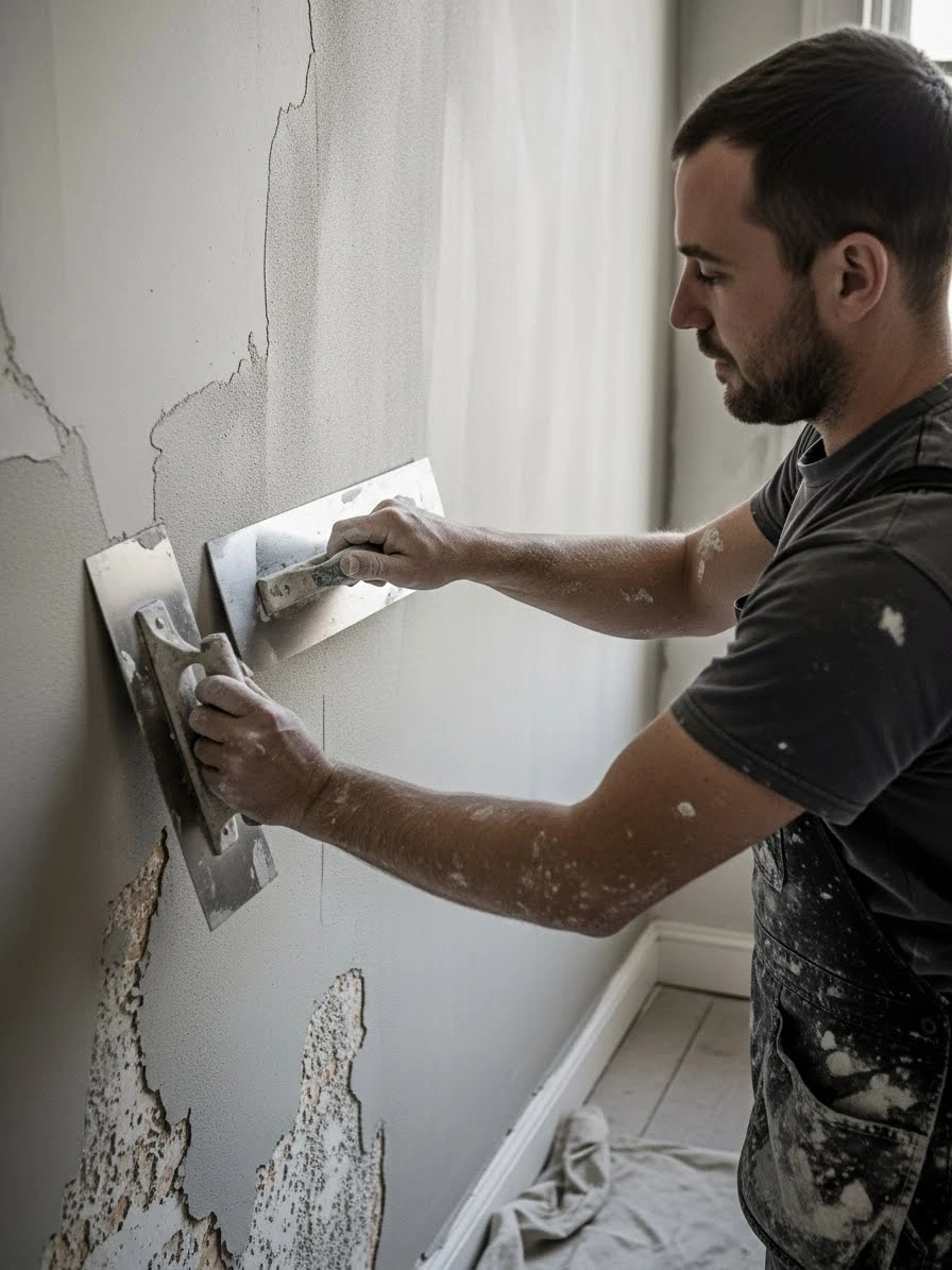 Construction contractors London applying plaster and skimming finishes inside a property.