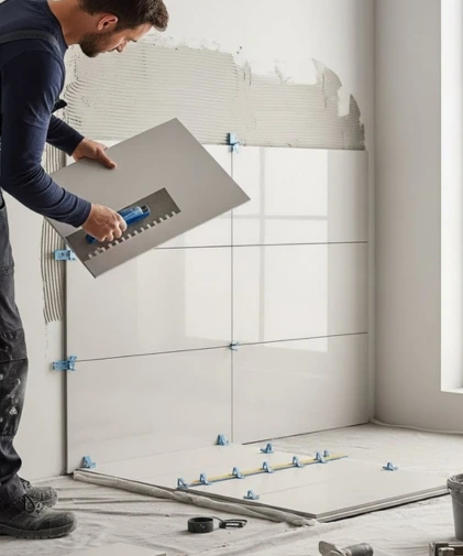 Builders London installing wall tiles in a kitchen and bathroom renovation project.