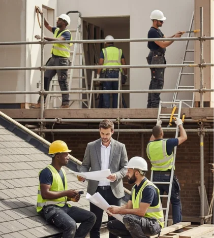 Construction contractors London overseeing multiple active building works on a live project site.