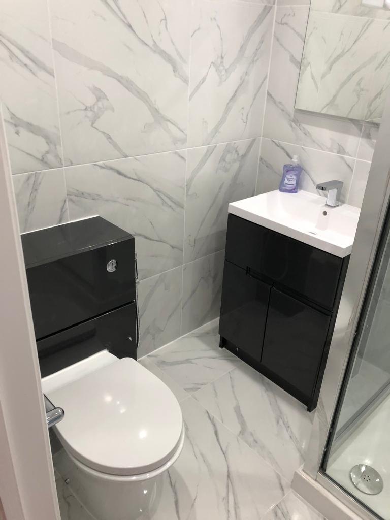 Compact loft en-suite with WC, vanity unit and shower screen